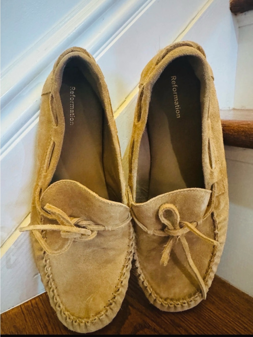 Reformation Men's Suede Moccasin Loafers in Light Brown